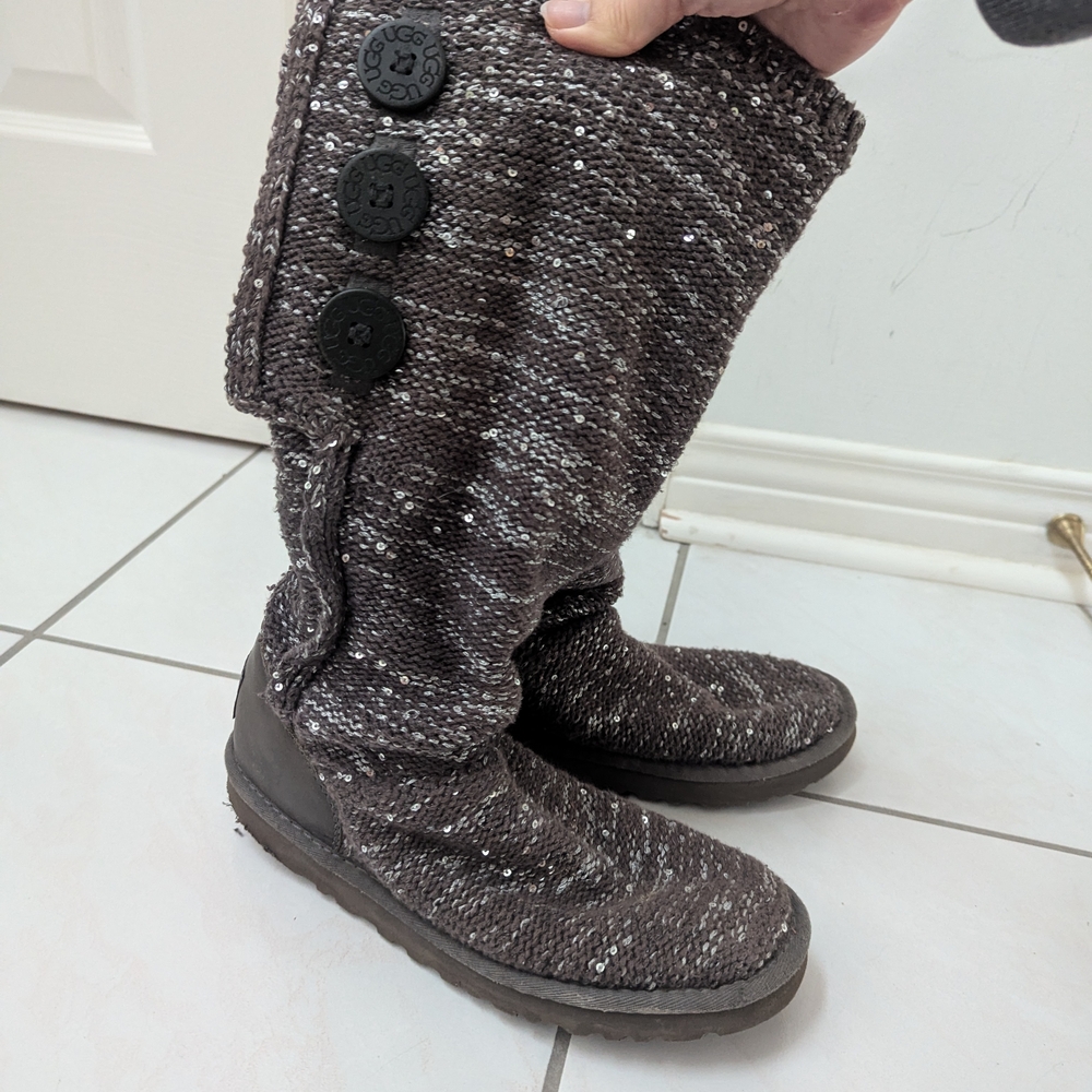 UGGs Grey Knit Silver Sequin Button Boots